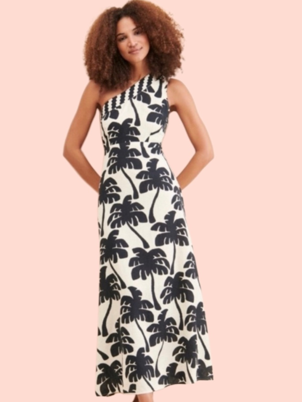 Farm Rio Anthropologie Cream & Black 1 Shoulder Palm Print Linen Maxi Dress XS